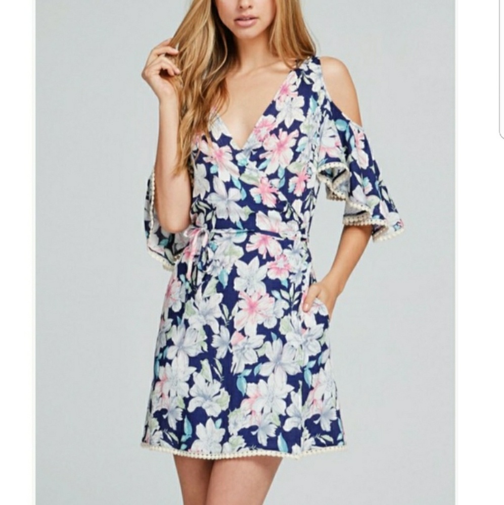 Cold shoulder floral wrap dress